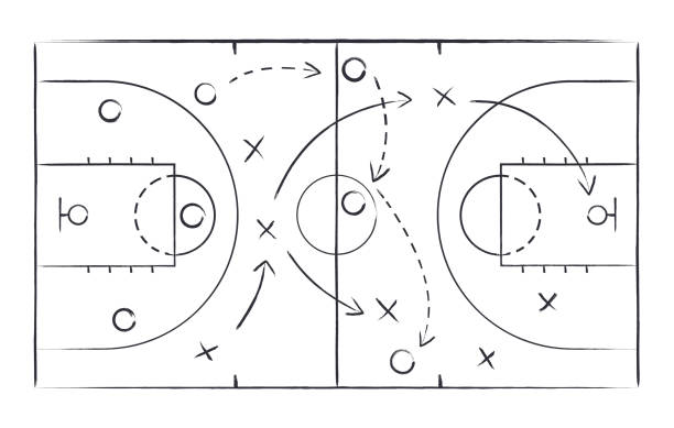 Basketball strategy field, game tactic chalkboard template. Hand drawn basketball game scheme, learning board, sport plan vector illustration.